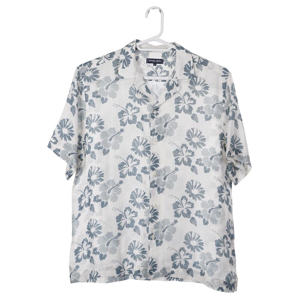 FRESCOBOL CARIOCA Shirt XL Ivory Blue Hawaiian Floral Linen Button Up Casual